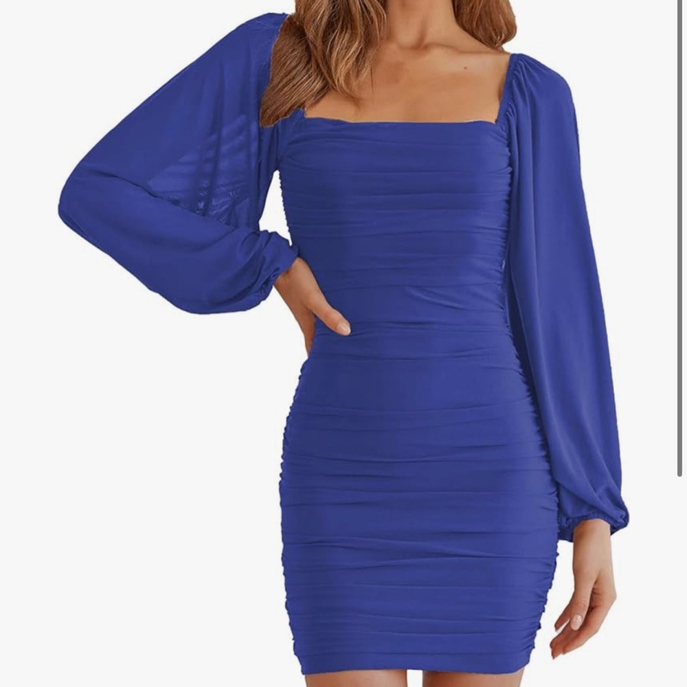 Women’s Blue Square Neck Long Sleeve Mesh Ruched Bodycon Mini Dress